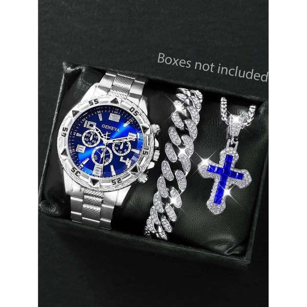 Men's Quartz Watch with Embedded Hip Hop Bracelet And Cross Necklace Set Best Birthday Gift Idea without Box
