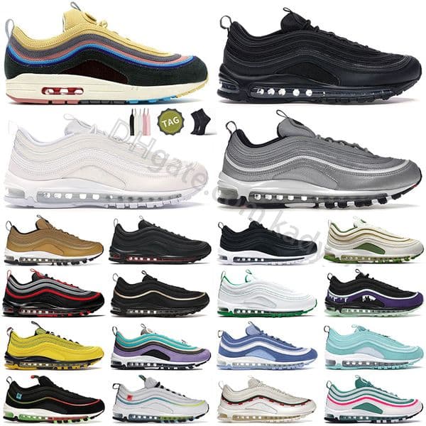 Designer 97 97s Running Shoes Mens Womens Sports Sneakers Trainers Jesus Satan Triple Black White Silver Volt Bred Sail Cream Olive Aurora Green Gym Reflective Shoes