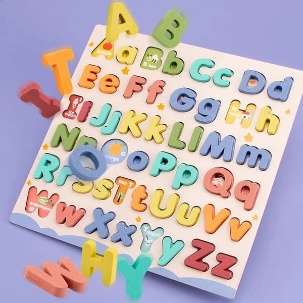 Wooden Educational Abc Puzzle Upper Case and Lower Letters for Birthday Gifts Boys Girls Family Game Children Preschoolers 260320