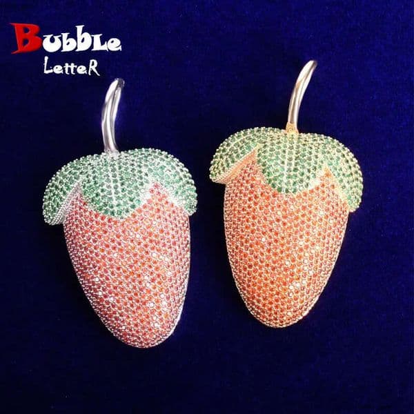 Jewelry strawberry fruit pendant necklace unisex Hip Hop fashion jewelry with Silver inlaid Moissanite