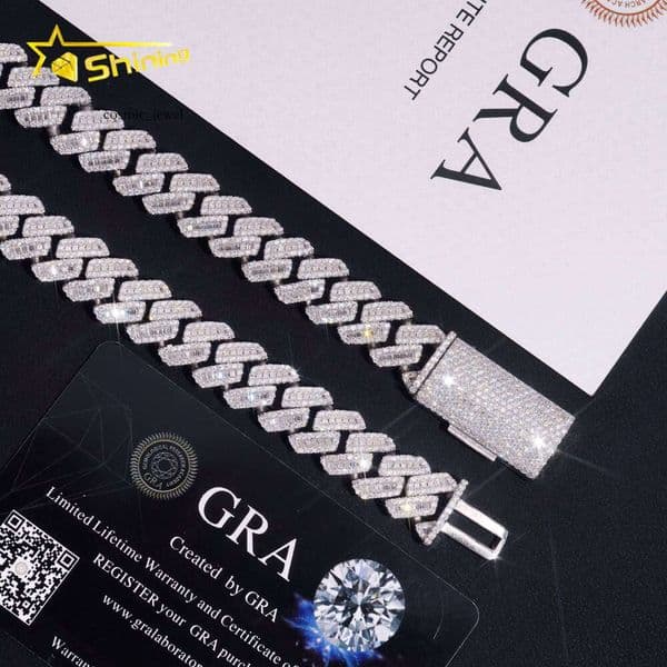 High-Quality 12mm Solid 925 Sterling Silver Men's Hip-Hop Jewelry Iced Long Bagel VVS Moissanite Cuban Chain Necklace