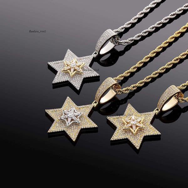 Double-layer rotatable full-diamond six-pointed star pendant men's Jewelry Hip Hop necklace INS style hot-selling jewelry wholesale