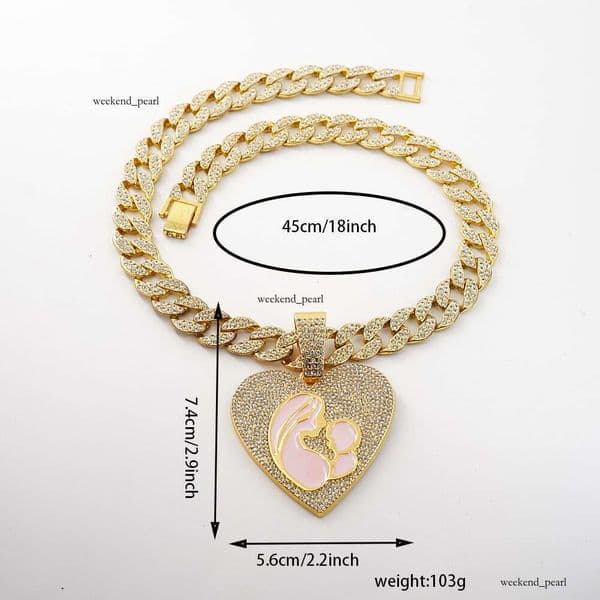 Luxury Jewelry Hip Hop Full Diamond Mother and Child Cuban Chain Fashion Versatile Heart Pendant Necklace Wholesale