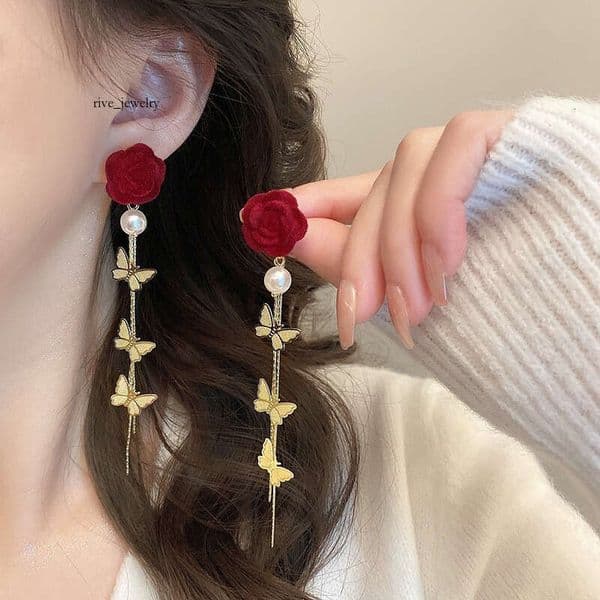 Red Velvet Long Women 2026 Popular Style Versatile Stud Earrings for Engagement, Wedding, and New Year Greetings Accessories