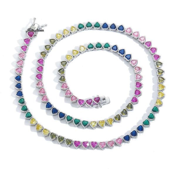 Meisa New European and American Colorful Tennis Chain Rainbow Zircon Personality Trendy Hip-Hop Necklace Heart Shape