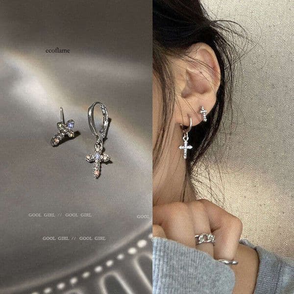 925 Silver Needle Asymmetric Diamond-Studded Cross Korean and Japanese Style Internet Celebrity Temperament Ear Clips Minimalist Fashion Earrings