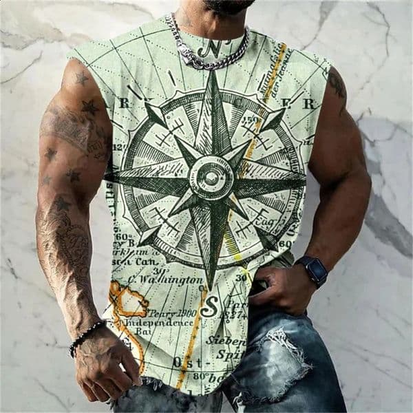3D Printed Retro Compass Tank Tops For Men Navigation Ship Pattern Tees Summer Loose Sports Street Round Neck Vest Casual 260313BANJIA