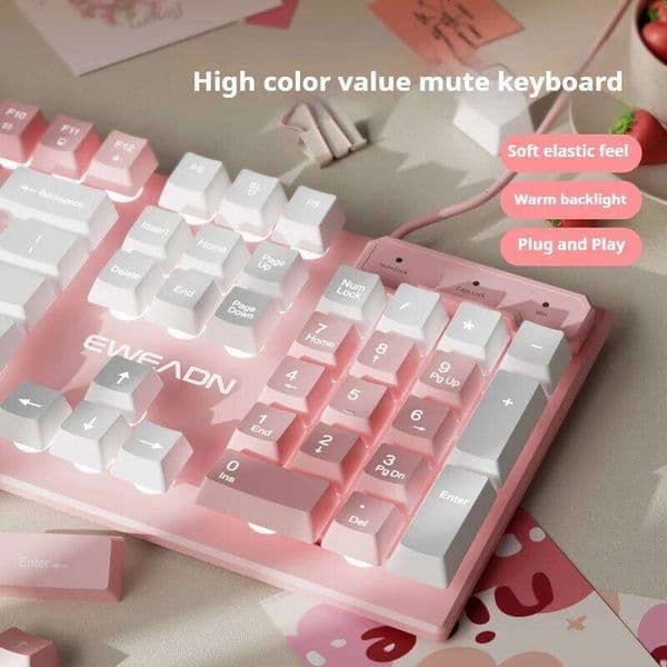 EWEADN GX320Z Pink Silent Office Keyboard, USB Wired Quiet Typing for Windows PC/Laptop,Office & Gaming, Ergonomic, Comfortable 26L0321