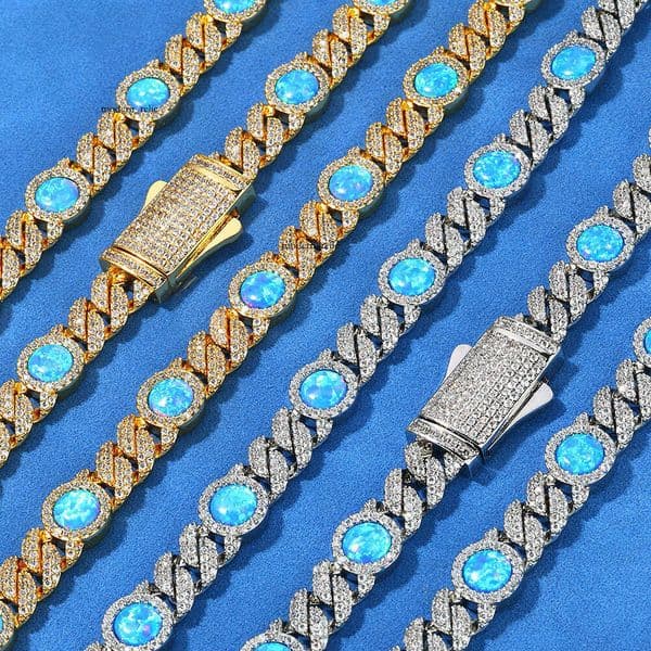 Jewelry Hip Hop 8mm Blue Gemstone Cuban Chain Trendy Versatile Men's Necklace High-End Custom Jewelry