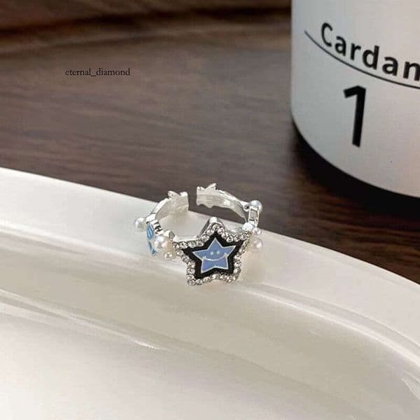 Hip Hop Personality Lucky Bread Star Light Blue Glaze Smiley Face Couple Adjustable Open Ring