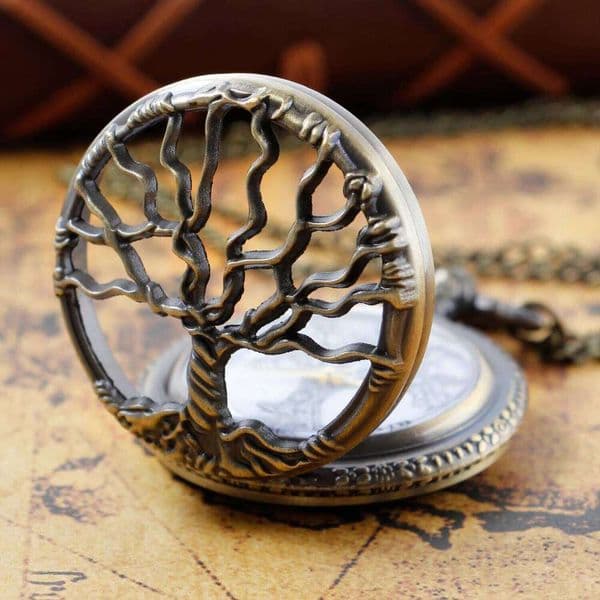 Steampunk Retro Bronze Hollow Tree of Life Quartz Pocket with Fob Women's Watch Pendant Necklace Chain Men's Gift CF1088