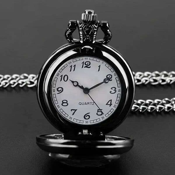 Vintage black motorcycle quartz pocket watch, necklace pendant with world time function