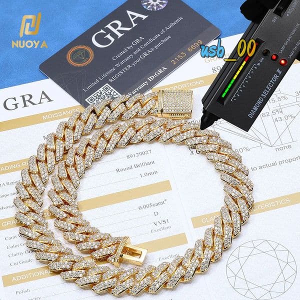 NUOYA Moissanite Jewelry 15mm 925 Sterling Silver VVS Moissanite Cuban Link Chain Necklace Iced Out Diamond For Men And Women