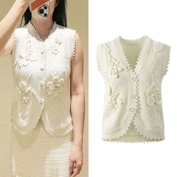 2026 Spring/Summer New Designer Hand crochet 3D Flower Decoration Fashion Youth Knitted Cardigan Tank Top