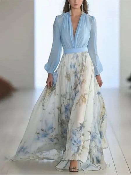 Elegant V-neck Long-sleeved Chiffon Dress Fashion Spring Autumn Powder Sleeve Splicing Flower Printing Casual Dresses Female 260319