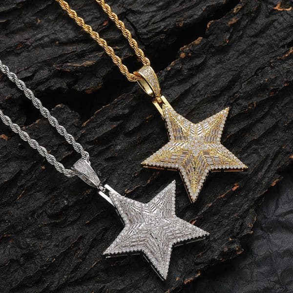 Five-pointed pendant Jewelry Hip Hop rap accessory Silver inlaid with Moissanite night starry sky three-dimensional star pendant necklace