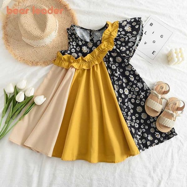 Bear Leader Korean Childrens Summer Girls Fashion Color Blocking Dresses Childrens Wooden Ear Edge Floral Dress Girls ClothingT260319