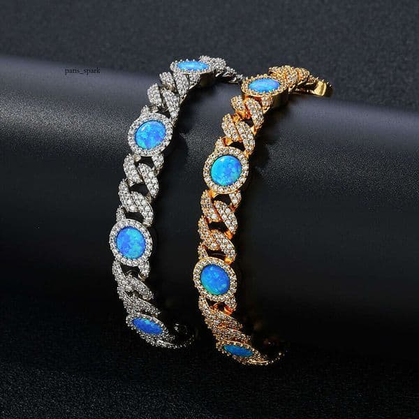 Jewelry Hip Hop 8mm Blue Gemstone Cuban Chain Opal Bracelet for Men High-End Custom Accessories