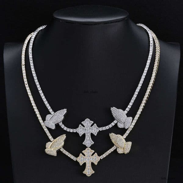Jewelry Hip Hop 3.5mm Cross Prayer Hands Moissanite Tennis Chain Men's Retro Trend Necklace