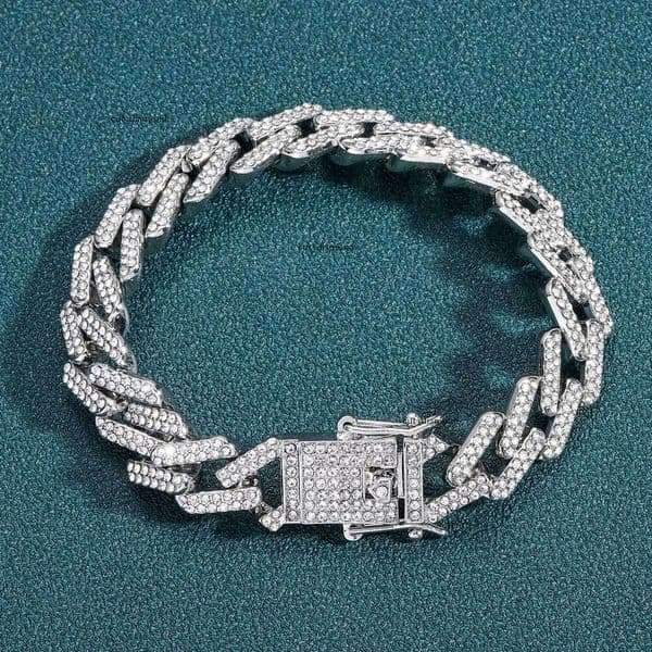 Jewelry Fashion Jewelry bracelet Hip Hop 14mm bar-shaped diamond-encrusted diamond-shaped Cuban chain men's trendy accessory