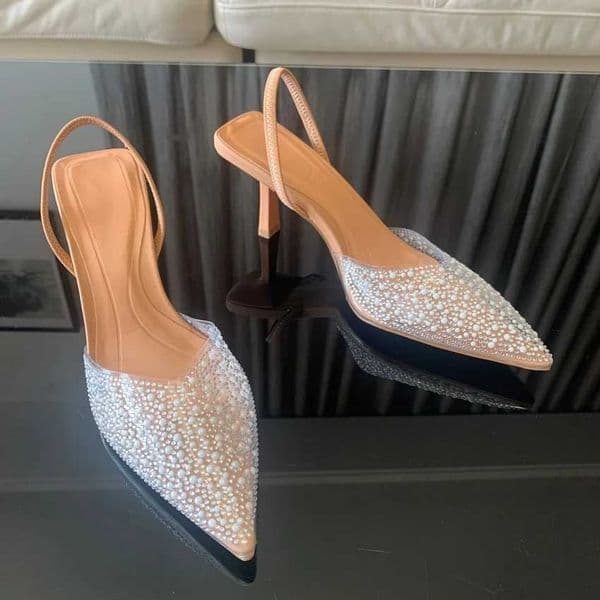 2024 Fashion Summer Women High Heels Pearl Decoration Slingback Woman Pumps Pointed Toe High Heels Sandals Elegant Woman Shoes C260321