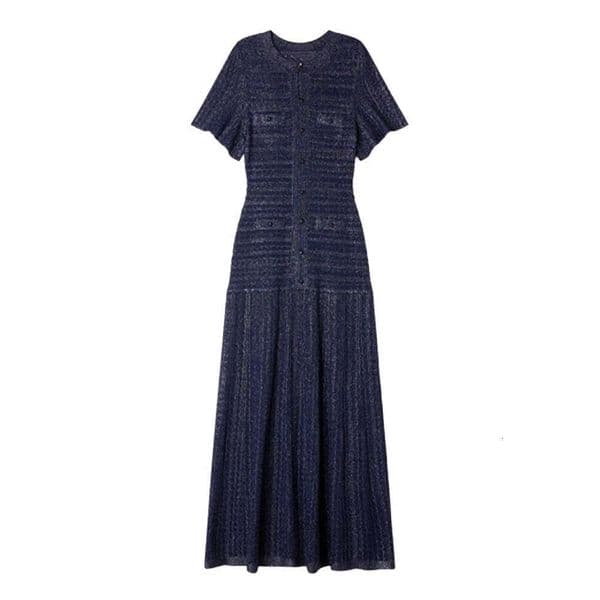 2026 Spring New Heavy F8 Crafted Water Diamond Hollow Shining Silk Puff Sleeve Multi Pocket Slimming Round Neck Dress
