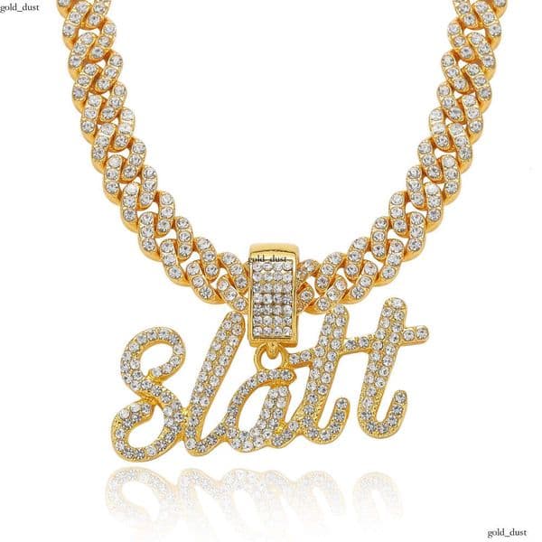 European and American Necklace English Letters Slatt Inlaid with Diamonds Trendy Personality Hip-Hop Cuban Chain Men's Accessories
