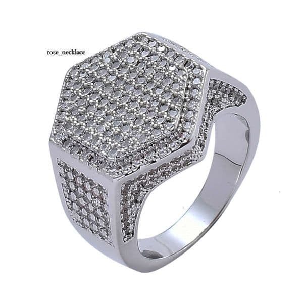 Wish European and American Style Personality Men's Hexagonal Cross-Border Micro Pave Zircon Hip-Hop Ring