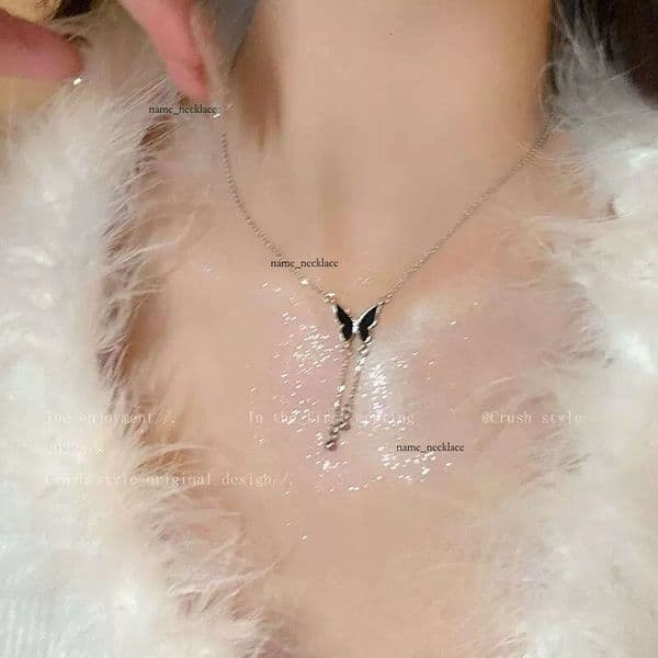 Pure Desire Butterfly~Black Enamel Butterfly Tassel Necklace for Women, Unique Sweet and Cool Style, Popular Internet Celebrity Accessory