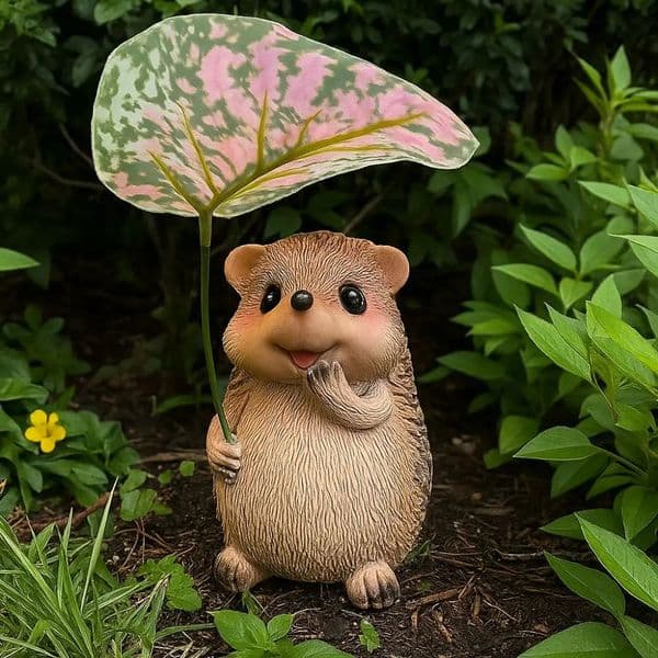 Cute Resin Leaf Umbrella Hedgehog Figurine Garden Hedgehog Statue Resin Animal Sculpture Outdoor Garden Decor Ornament 260317