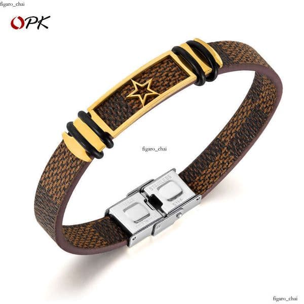 Fashion Personalized Leather Trendy Retro Punk Style 925 Sterling Silver 14K Gold Pentagram Men's Bracelet Wholesale