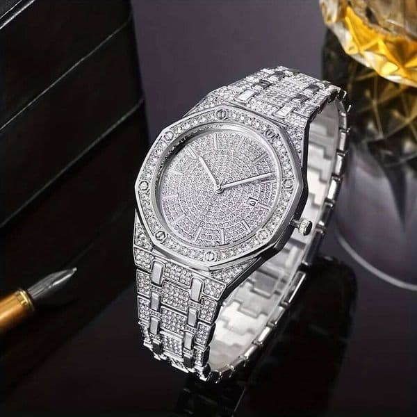 Fashion Luxury Hip Hop Diamond Style Square Shiny Crystal Stainless Steel Quartz Sports Men's Watch