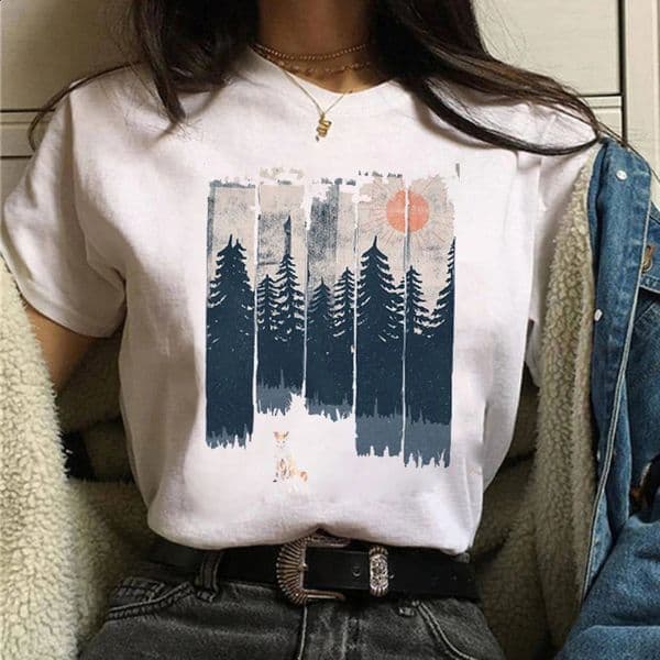 Maycaur Women Graphic Forest Mountain T Shirts Casual 90s Ulzzang Summer Printing Lady Clothes Tops Tees Print Female Tshirts 260311