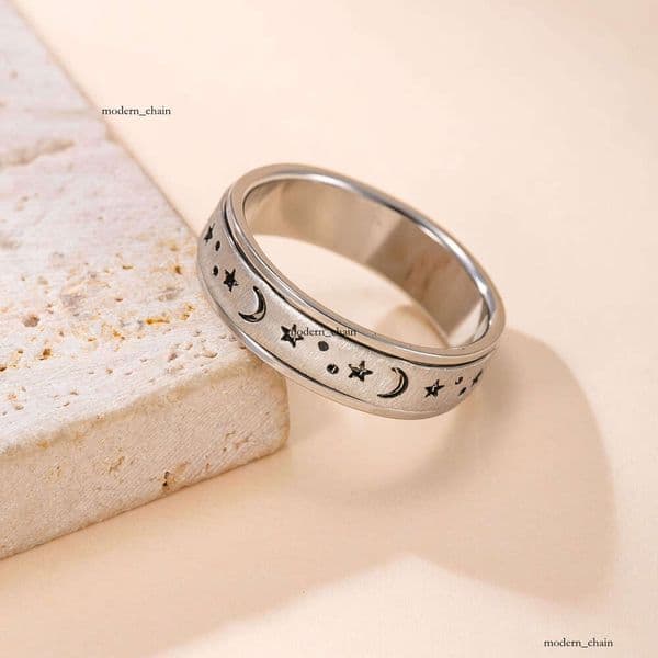 New Sterling Silver 14K 18K Gold ring with rotating sand stars and moon stylish design titanium steel jewelry factory