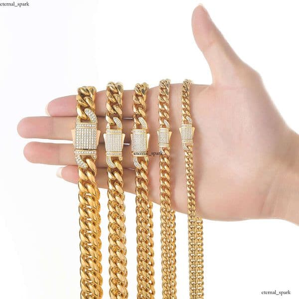 Jewelry 6mm-14mm 925 Sterling Silver 18K Gold Cuban chain titanium steel micro-inlaid Moissanite spring clasp trendy Hip Hop necklace available for dropshipping