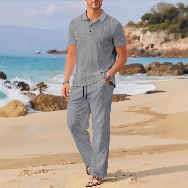Summer Men's Gray Twill Polo Jacquard Designer T-shirt Designer Hoodie Casual Suit With Turn-down Collar Polo Shirt Two-piece Set