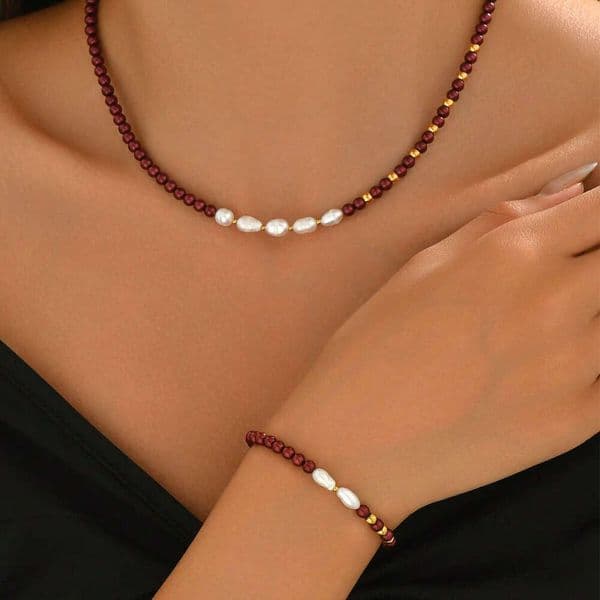 New burgundy necklace bracelet two-piece set elegant pearl accessories for women versatile and stylish personalized jewelry