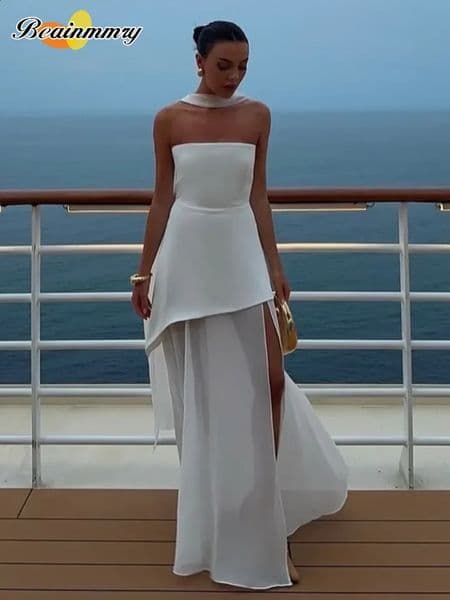 Elegant White Mesh Splicing Slim Women Strapless Dress Chic Scarf Neck Off Shoulder High Waist Long Dresses Lady Party Robes 260318