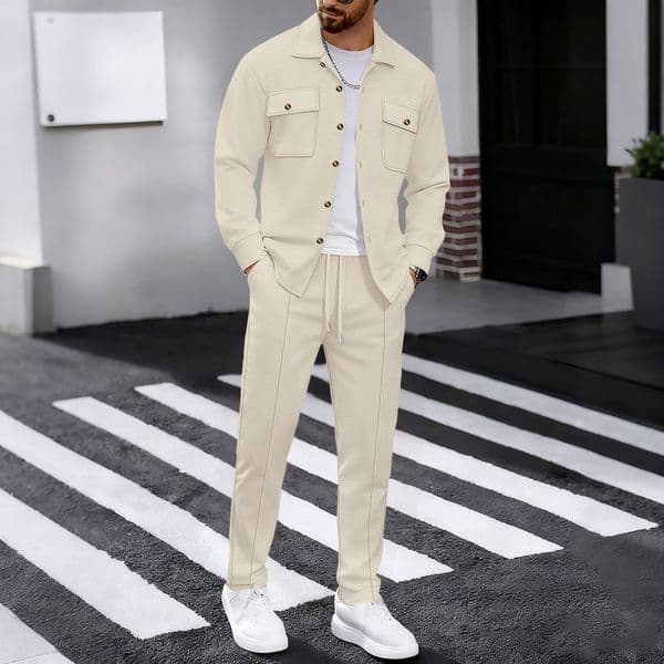 Polo New Designer T-shirt Men's Casual Waffle Solid Color Workwear Jacket With Turn-down Collar And Long Designer Hoodie Pants Two-piece Set