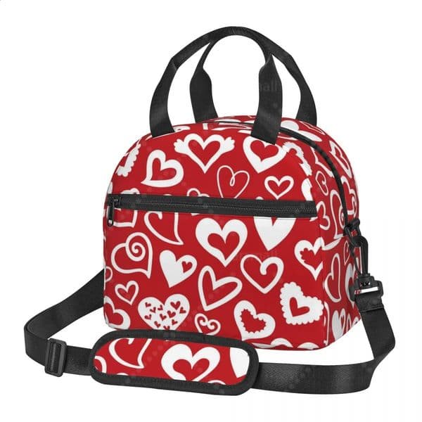 Heart Red Valentine Day Lunch Box Portable Reusable Cooler Lunch Tote Bag with Adjustable Shoulder Strap 260320