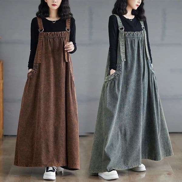 Retro Crtsmanip Loose Fit Slimming Denim Overalls Long Skirt Dr Spring Summer Autumn Winter ALine Straight Cut Gown 260321