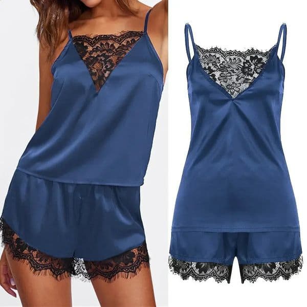 Women Ice Silk Pajamas Sleepwear Pajama Set Nightgowns Nightdress Camisole Shorts Black Red L XL Lace Casual Sexy Smooth 260317