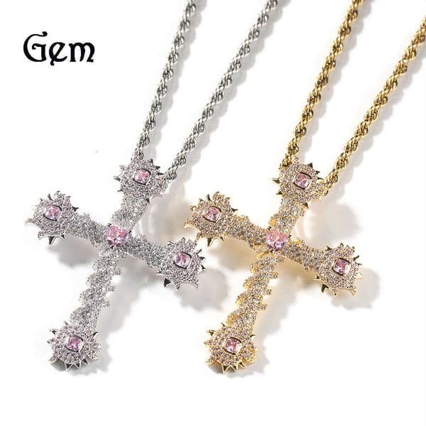 Vintage Cute Moissanite Jewelry Trendy Heart Cross Pendant Hip Hop Silver Material Gold-Plated Inlaid Diamond Men's Necklace Jewelry
