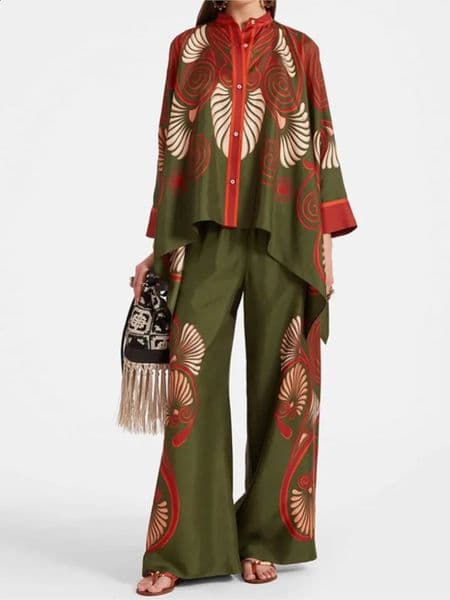 Fashion Pants Sets Women Irregular Vintage Print Loose Long Sleeve Shirt Wide Leg Trousers Two Piece Set Female Trend Streetwear 260317BJ