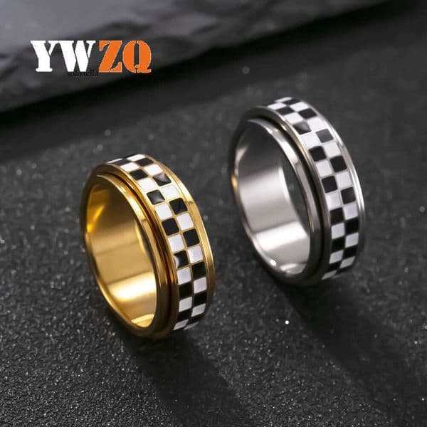Jewelry new men's oil-drip black and white checkered rotatable ring stylish design 925 Sterling Silver 18K Gold jewelry manufacturer