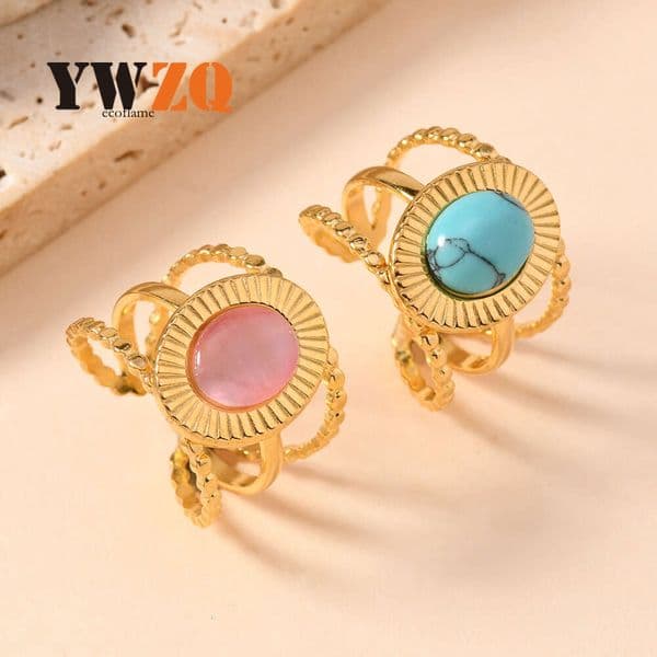 Fashionable and unique turquoise ring for women niche high-end three-line welded oval gemstone ring 925 Sterling Silver 14K Gold jewelry manufacturer