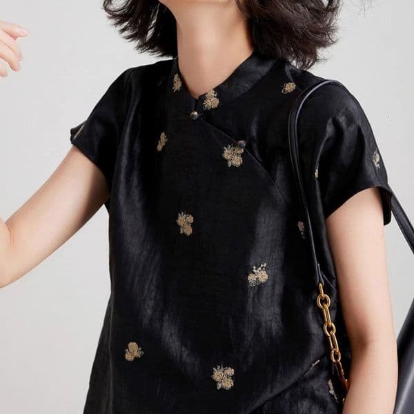 Crack-patterned Embroidered Designer Hoodie Designer Polo T-shirt Silk Blouse New Chinese Style Silk Top Short-sleeved T-shirt High-end Women's Summer Clothing