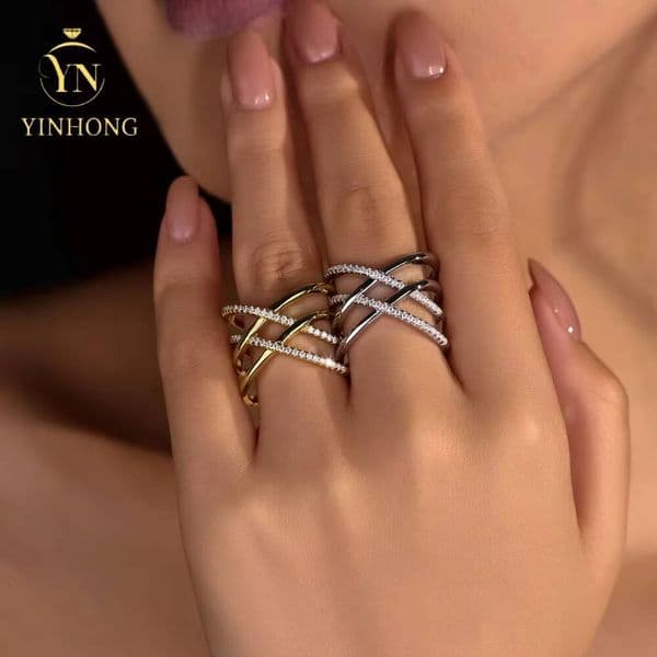 Trendy 2025 Rings Fashion Punk Women 925 Sterling Silver Moissanite Band Ring Line Cross Design Ring