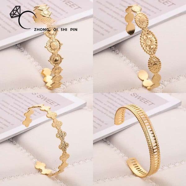 Fashionable and Unique Sterling Silver 14K 18K Gold Cast C-Shaped Bracelet with Roman Coin Multi-Piece Geometric Embossed Titanium Steel Open Bangle