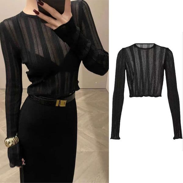 Lazy style hollow short style 2026 autumn niche f23 design thin transparent shirt ribbed elastic elegant shirt